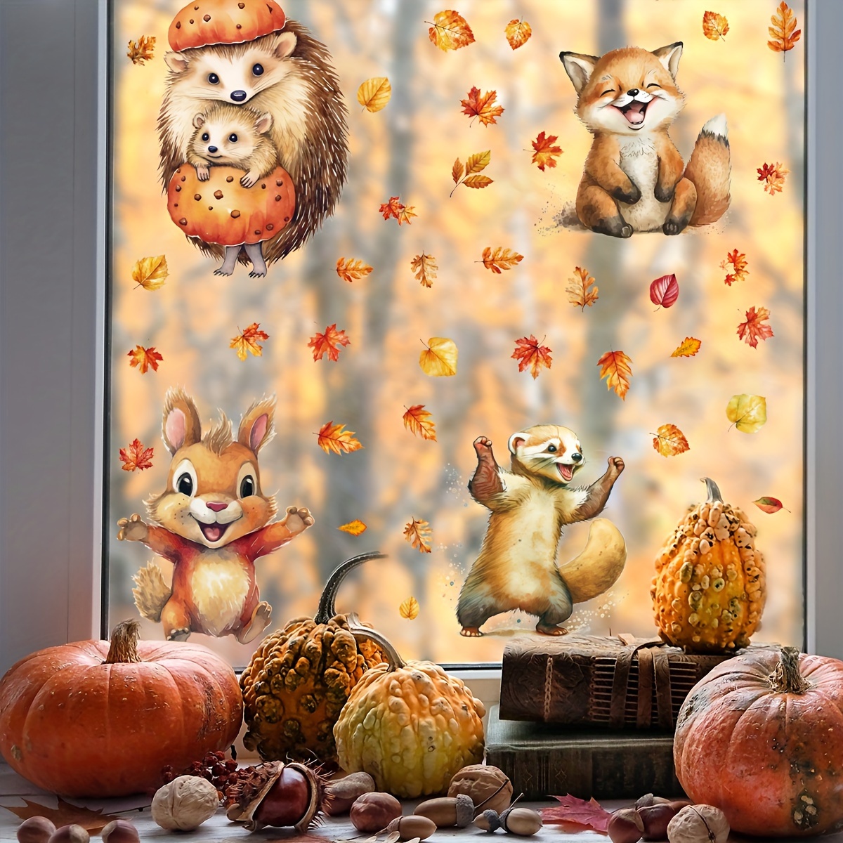 

Window Clings - 64pcs Set With , Pumpkins, Hedgehogs, & Rabbits - Double-sided Decorative Stickers For , Reusable Pvc, Thanksgiving & Fall Decor