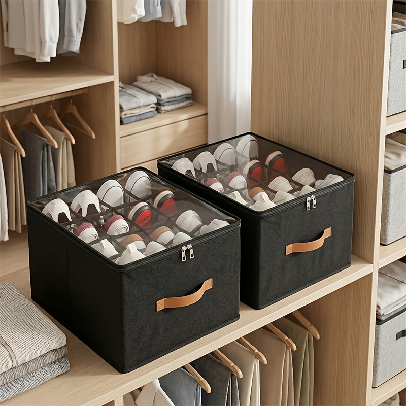 TEMU 2pcs Wardrobe And Shoe Storage Set, Including A Large Shoe Storage Bin With A Transparent Lid And Reinforced Handles, And A Foldable Storage Bin