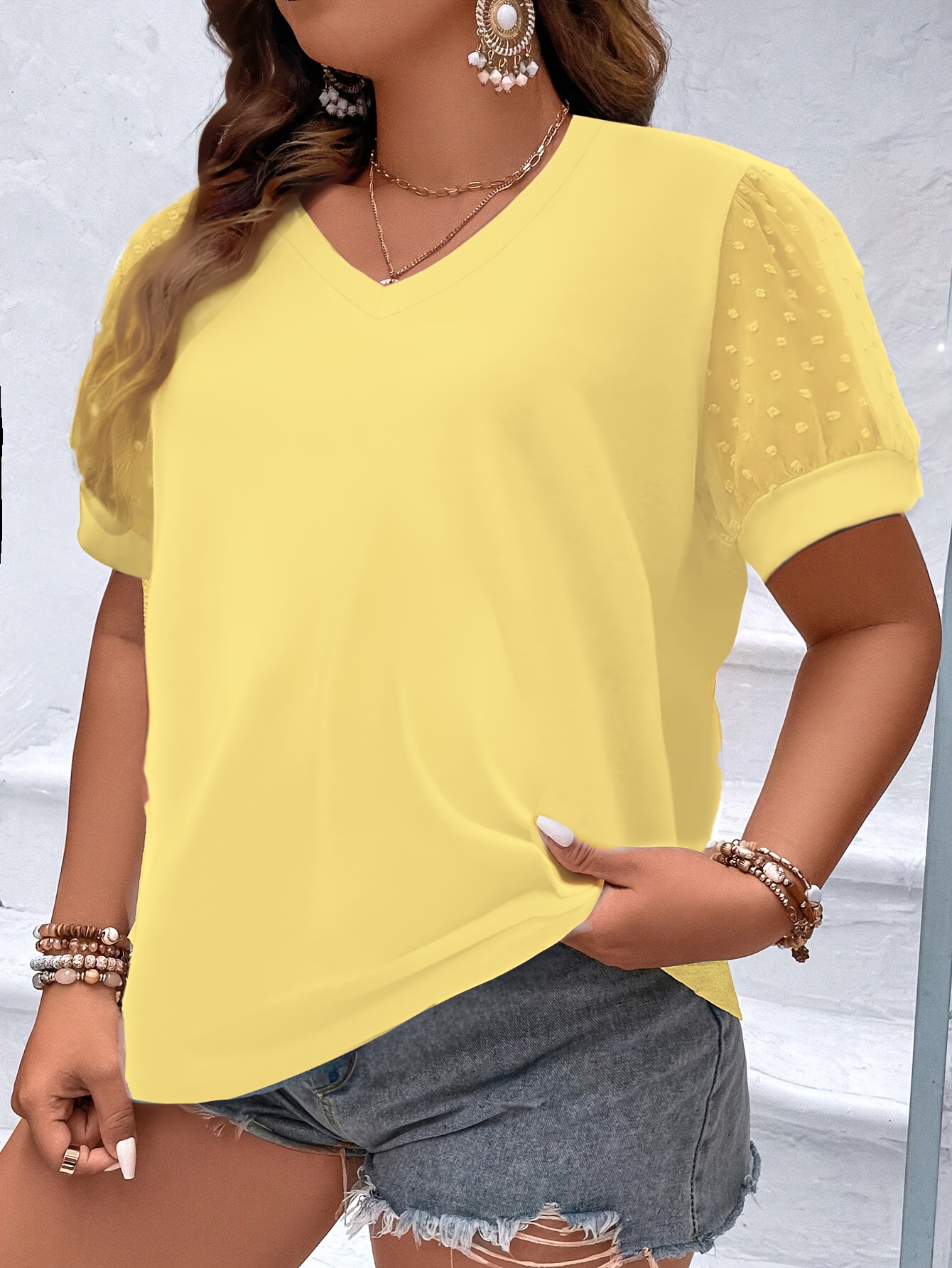 Plus Size Mesh Stitching T-Shirt, Casual V Neck Short Sleeve T-Shirt, Women's Plus Size?Clothing