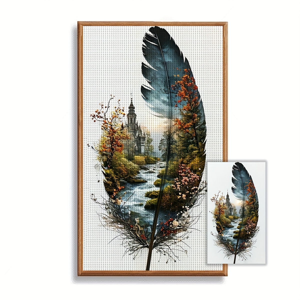 TEMU 1pc Frameless 40x70cm/15.7x27.6-inch 11ct/14ct Printed Cross Stitch Diy Kit, Featuring Feathers And Scenery, Suitable For Relaxing Diy Cross
