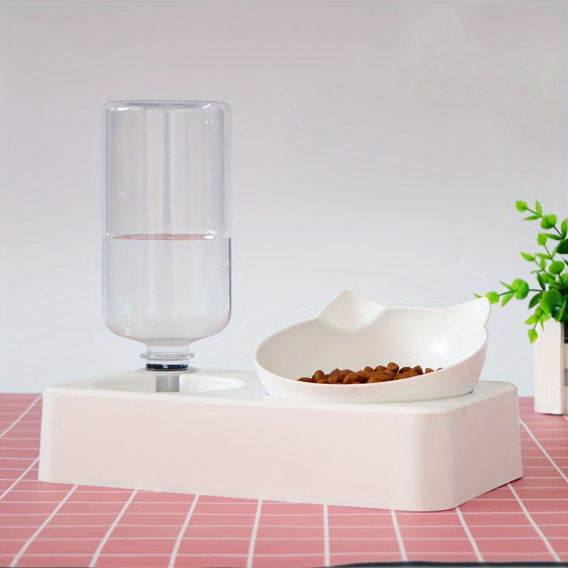 

Elevated Cat Double Feeder Bowl With Automatic Water Dispenser, 15 Degree Tilted Cat Food Bowl Water Basin For Neck Protection