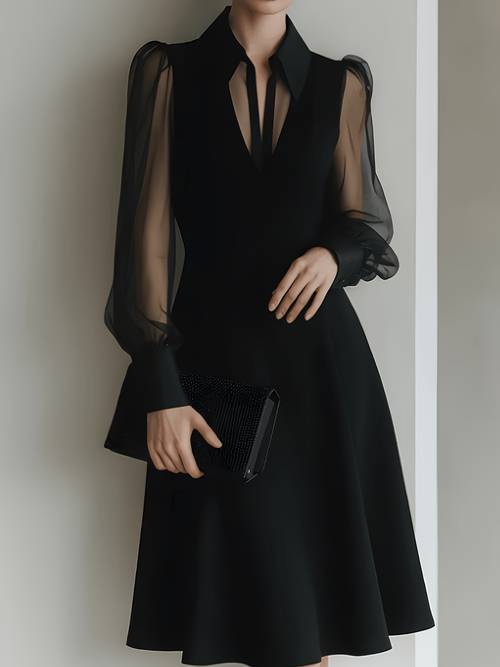 solid color mesh lapel collar dress waist cinching a line midi dress elegant v neck sheer paneled spliced designer elegant and with a tall a line hem suitable for multiple occasions such as office commutes