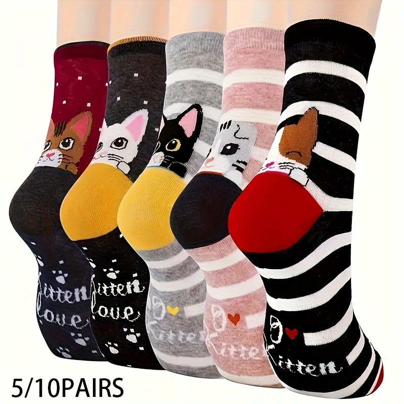 

5 Pairs/10 Pairs New Cartoon Cute Striped Heel Kitten Simple And Mid-calf Socks