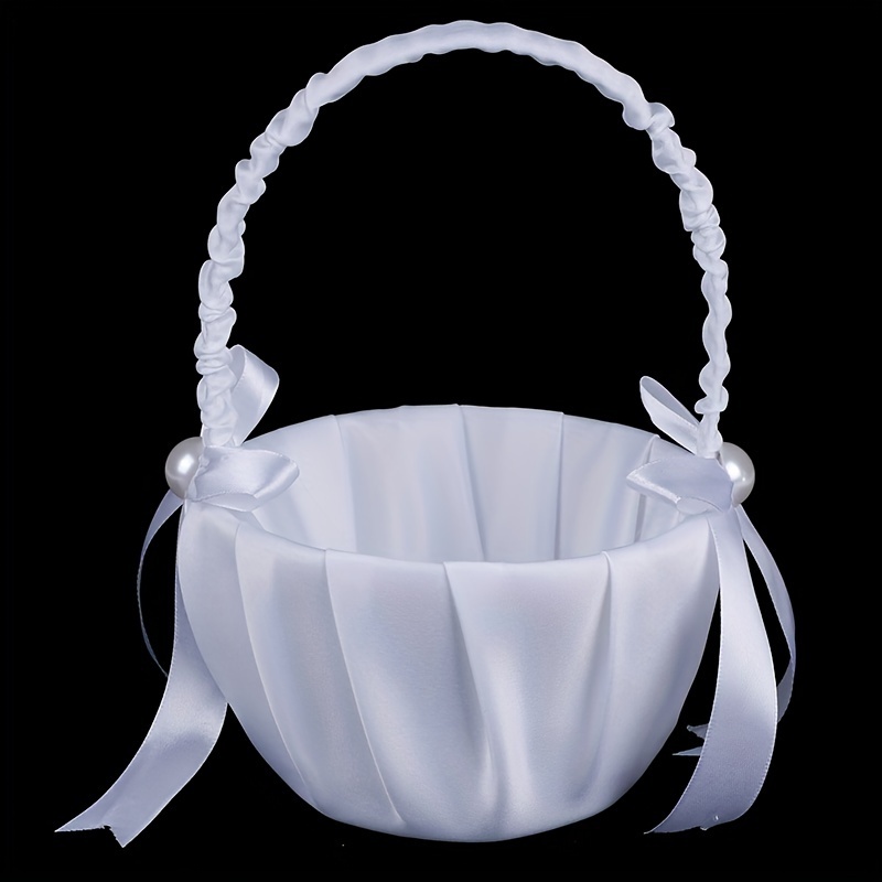 

Modern Chiffon Flower Girl Basket With Pearl Accents For Weddings - Multipurpose Satin Bridal Basket With Ribbons For Christmas And Halloween