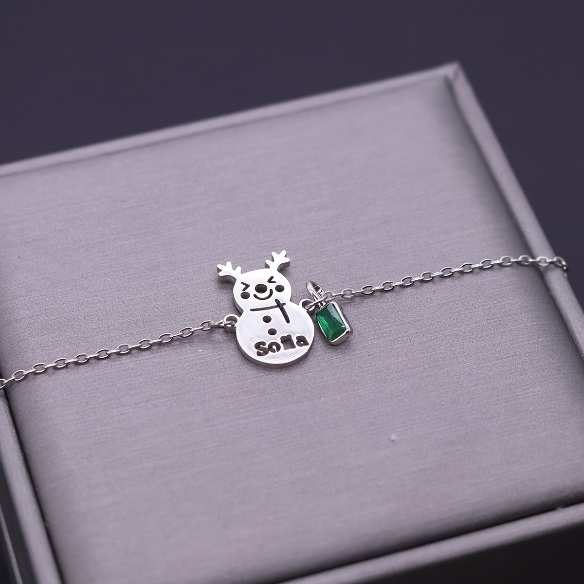 Personalized Snowman Name Bracelet with Green Charm, Stainless Steel