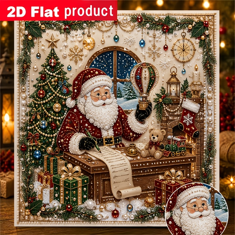 TEMU Nouveau kit de peinture diamant DIY perles colorées : Père Noël rédigeant des vœux de Noël sous une lumière entouré de cadeaux et de décorations