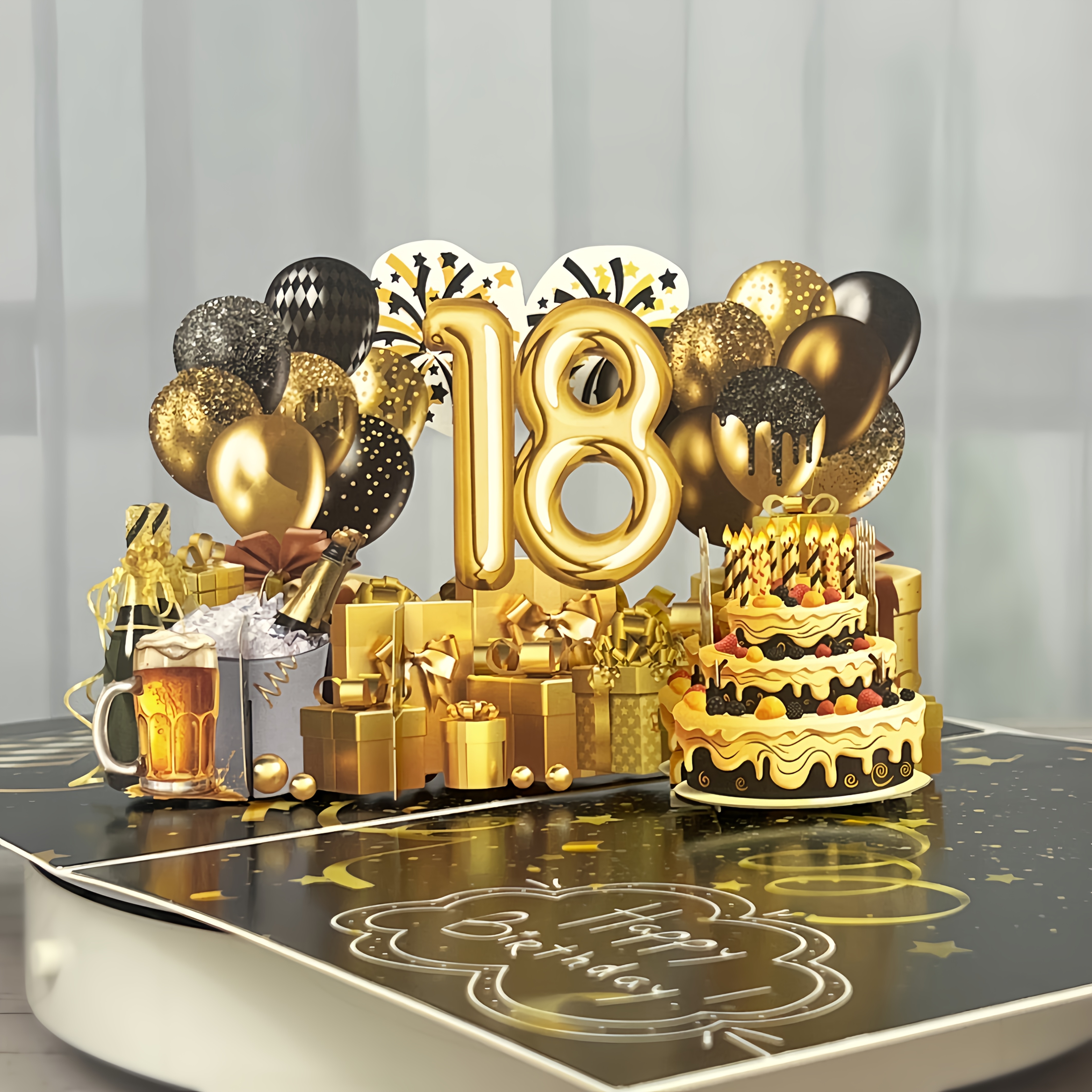 E-shop Pop-Up 3D-Grußkarte mit Umschlag, schwarz-goldenes Thema, alles Gute zum 18. Geburtstag Grußkarte. Geeignet für Männer, die 18. werden. 18.