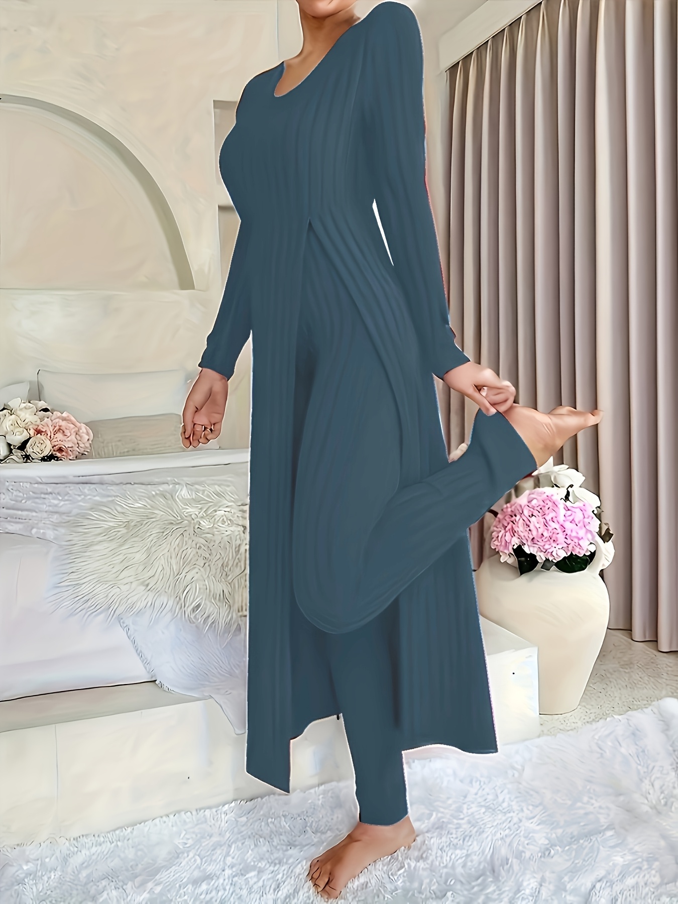 item picture autumn winter casual robe and long pants set high slit dress set hair needle material suitable for daily wear home casual wear