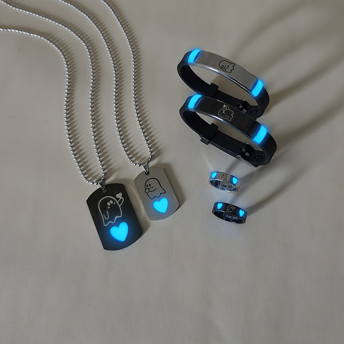 Image of 6pcs Elf Heart Pattern -the--shaped Couple Necklace Ring Set With -the-dark Accessories, Elf Heart Bracelet Couple Set, Couple Gift Jewelry