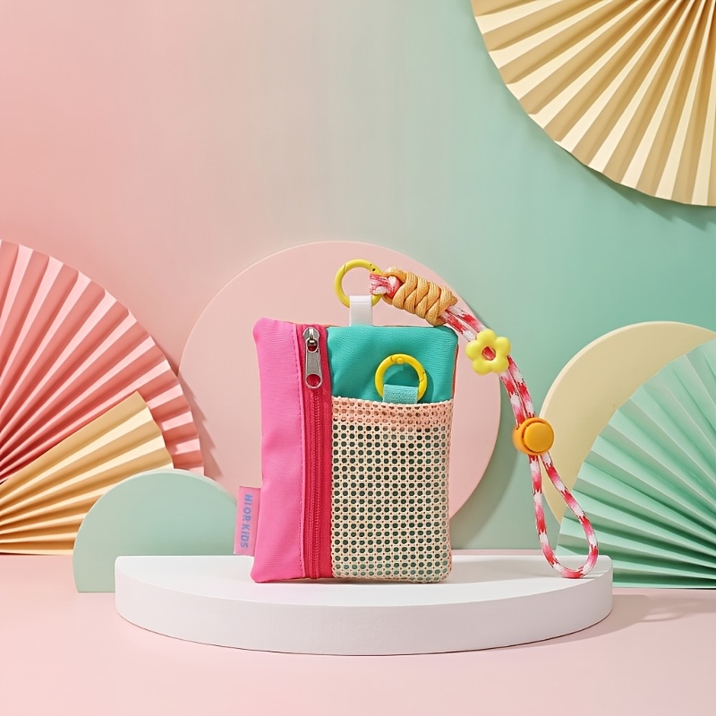 TEMU Color Block Mesh Mini Coin Purse With Adjustable Braided Lanyard, Portable Zipper Small Card Holder Wallet, Lightweight Key Pouch, Kawaii Floral