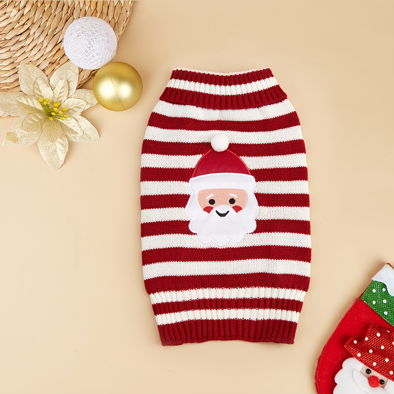 Image of Pet Knitted Sweater Santa Claus, Sleeveless Red And White Striped Cat And Dog Knitwear, Christmas Pet Clothing, Christmas Clothes For Cats And Small To Medium-sized Dogs