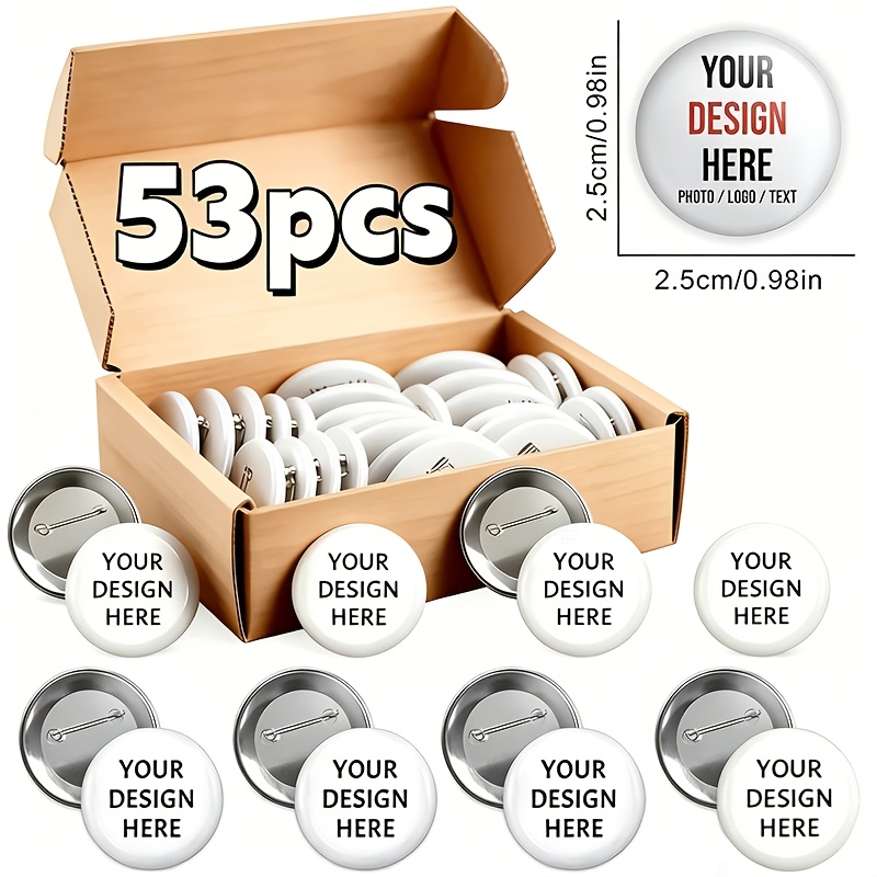 TEMU 53pcs Personalized Metal Badges And Buttons, , Add Photos, Logos, Text - Round Brooches, Suitable Events, Brand , Handicrafts, Badges, Multiple