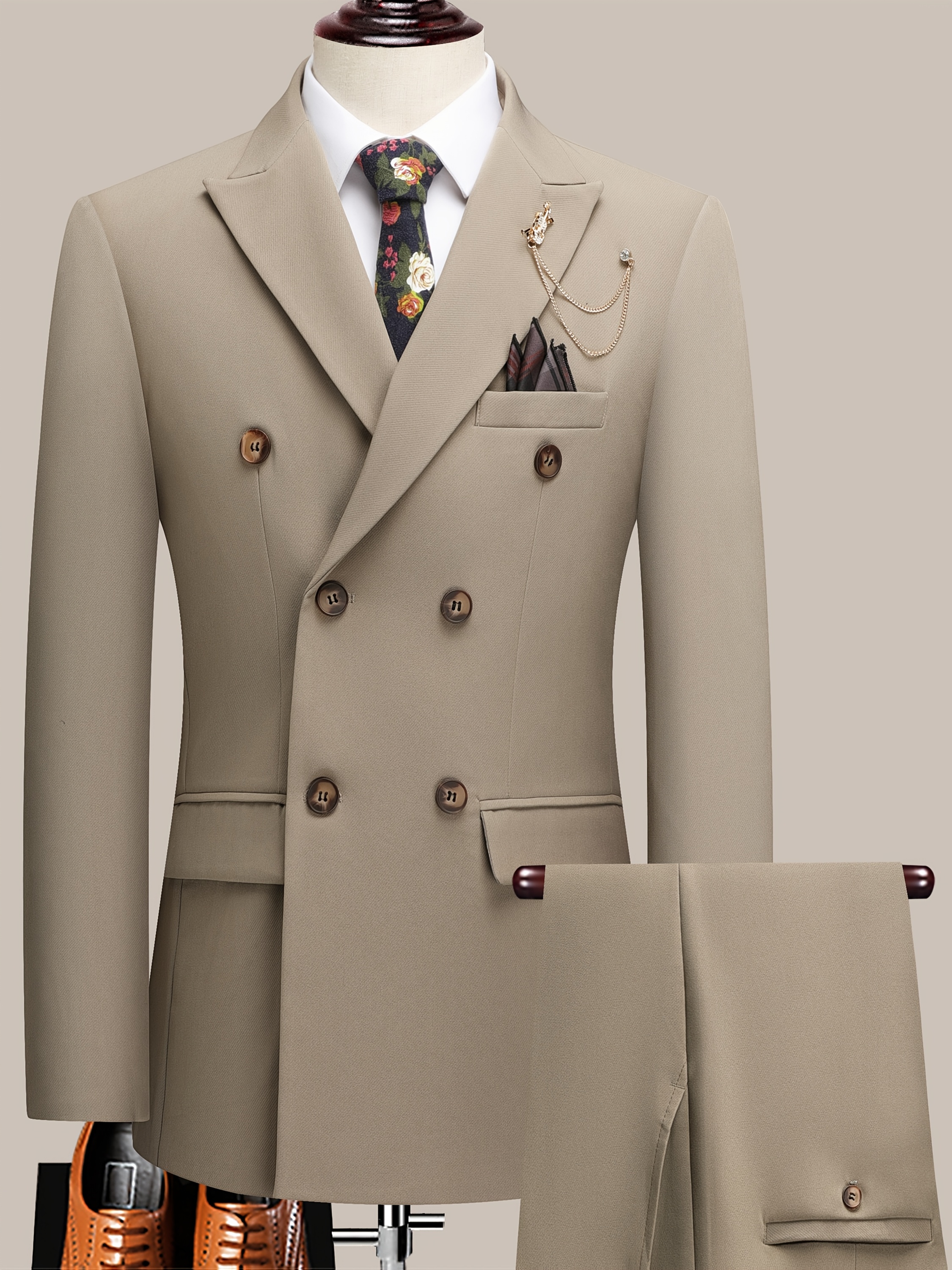 Men'S Beige Double-Breasted Suit with Peaked Lapels - Formal Business & Wedding Attire, Non-Stretch Polyester Blend, Double-Breasted Jacket with Four Buttons, Matching Pants, Wedding Attire|Classic Fit|Polyester Blend