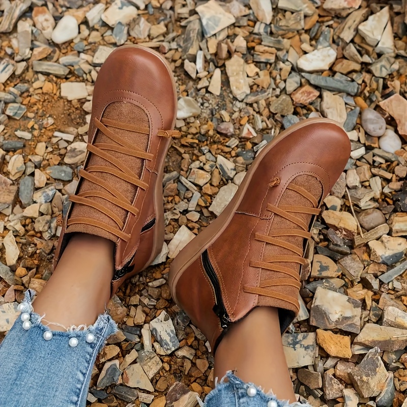 stylish women's versatile ankle boots solid color lace short