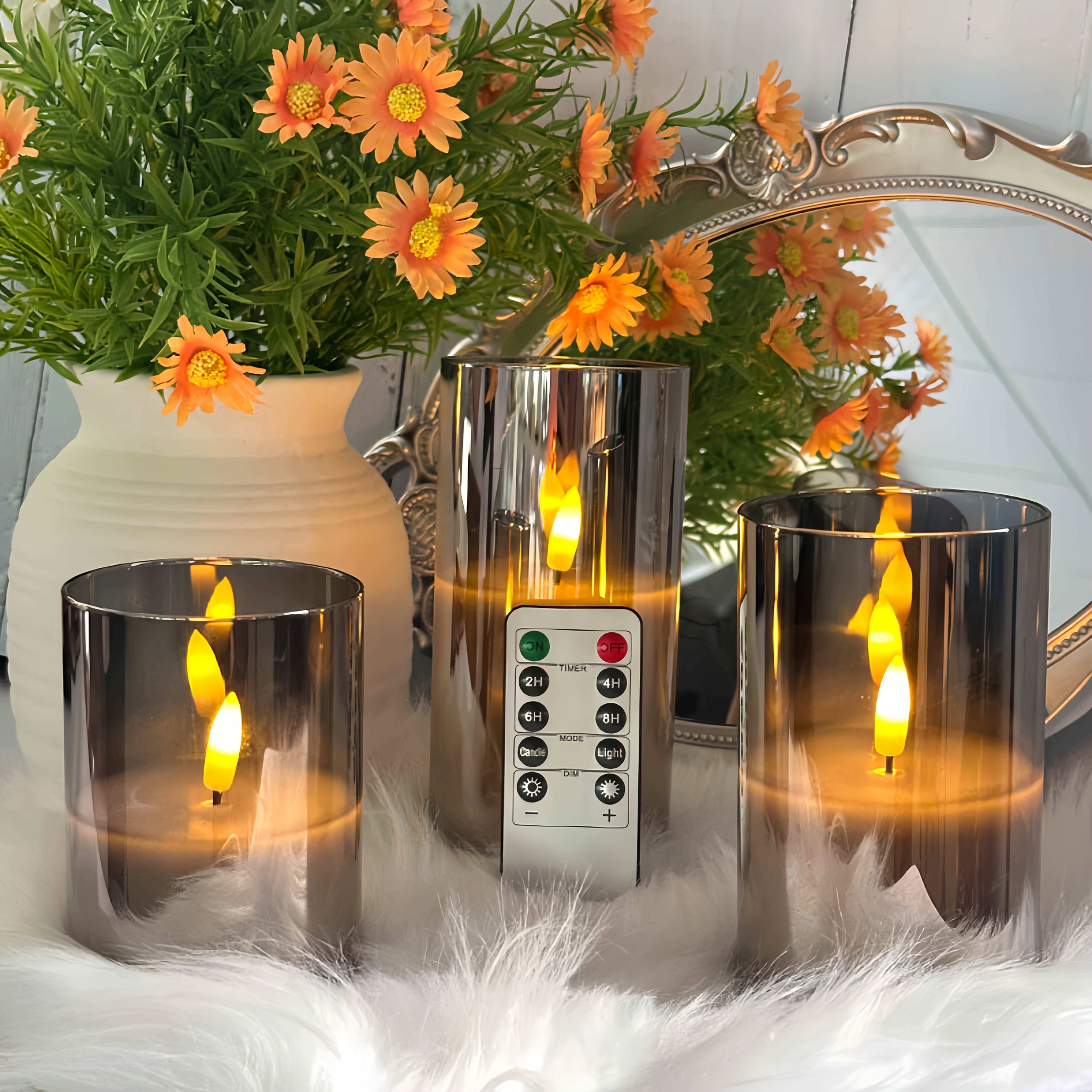 3 stuks Grijze Vlamloze LED Kaarsen met Afstandsbediening | Batterijgevoede Flikkerende 3D Lontjes