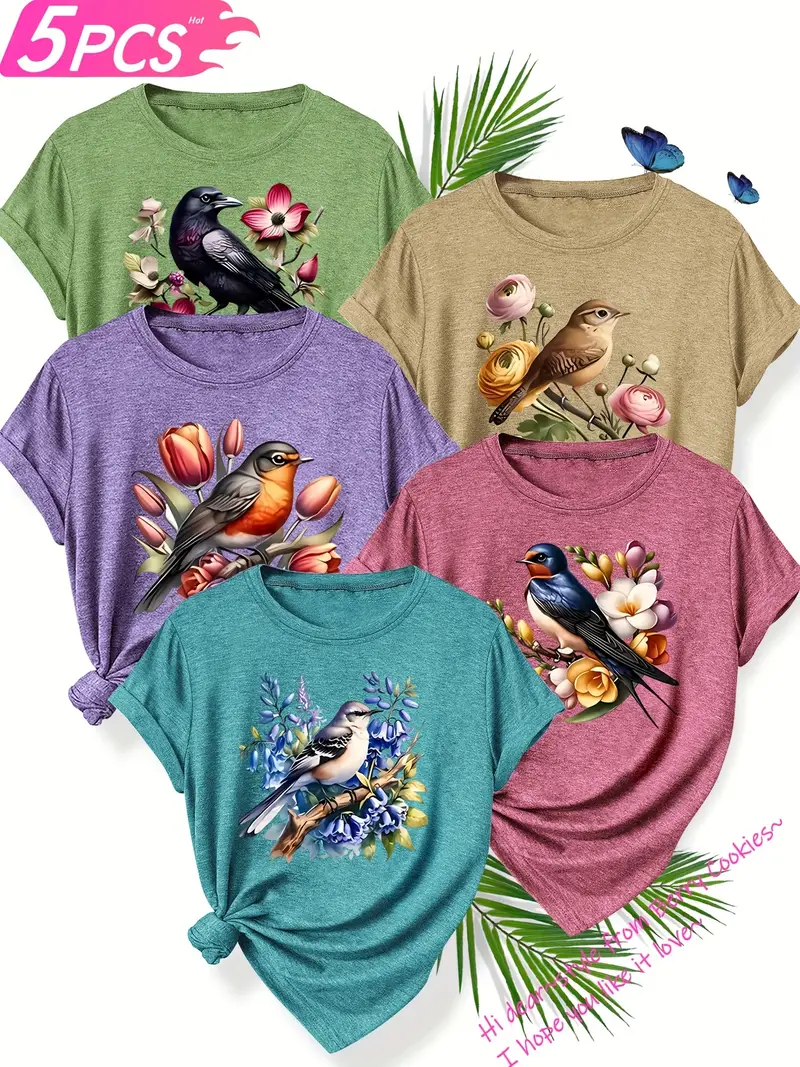 5pcs set of sisters simple and cute animal plant flower pattern printed elegant womens spring summer and autumn round neck short sleeve t shirt multi color s xxl Product details 8