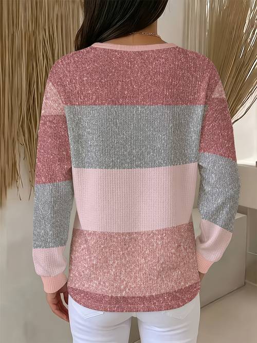womens waffle henley shirt pink gray contrast striped casual versatile long sleeve top