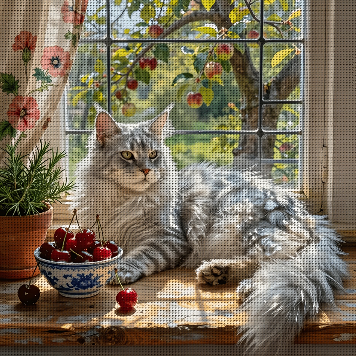 1 kos za vezenje za odrasle 30X30Cm/11.8X11.8/40X40Cm/15.7X15.7 palcev | Srebrno senčena mačka Maine Coon na sončni okenski s sladkimi češnj