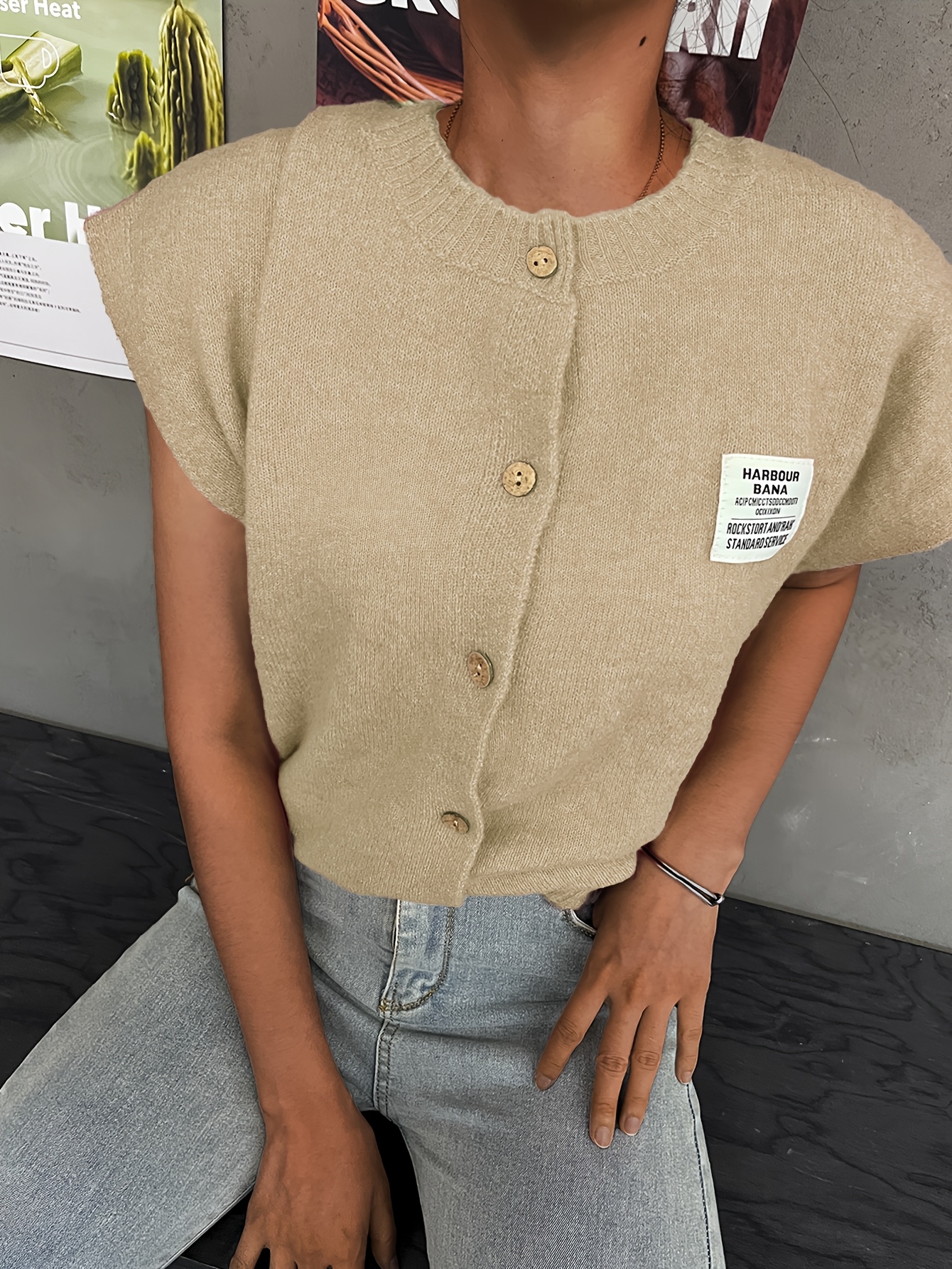 dames lente en zomer casual woon-werkverkeer veelzijdige     label design single-breasted ronde hals mouwloze fitted trui vest | vintage  , lange mouw,   lengte, lichte stretch stof 3