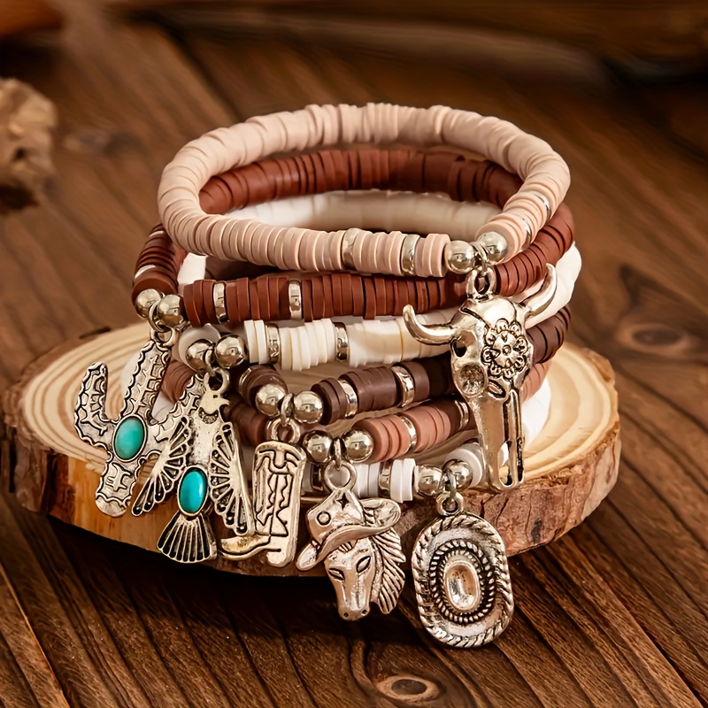 TEMU Set Of 6, Western Hippie-inspired, , Cowboy Hat, Soft Clay Bead Bracelet Shaped Like A Head, Bohemian Jewelry, Suitable For Daily Use, Creative