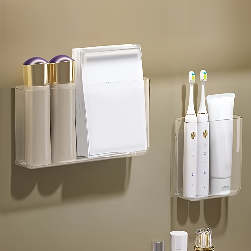 

1pc Transparent Wall-mounted Storage Box, Cosmetics Organizer, Toothbrush Toothpaste Organizer, Bathroom Storage Rack, Suitable For Desk Walls, Bathroom, Bedroom