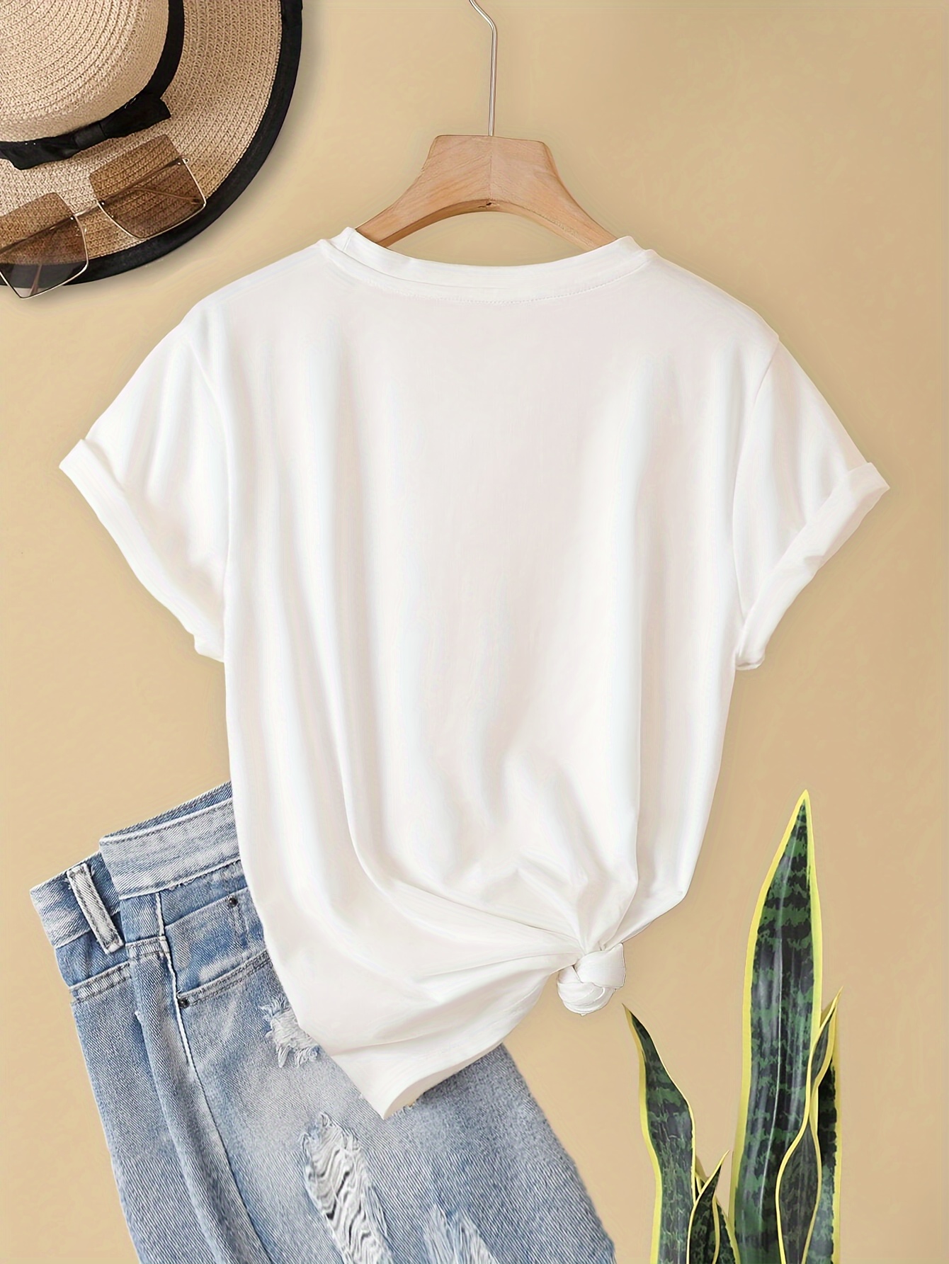 Classic White Round Neck T-Shirt for Women - Versatile & Comfortable Polyester Blend, Easy Care, Knot Detail, Summer Essential