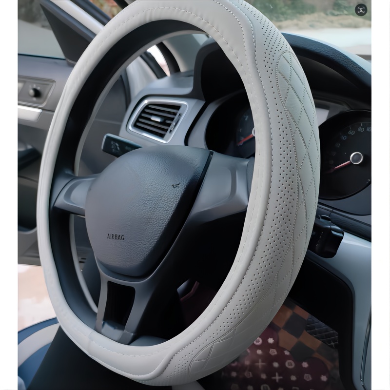 

Luxury Leather Steering Wheel Cover, 15 Inch, Perforated Patchwork Design, Non-slip, Breathable, Universal Fit, Leather With Included