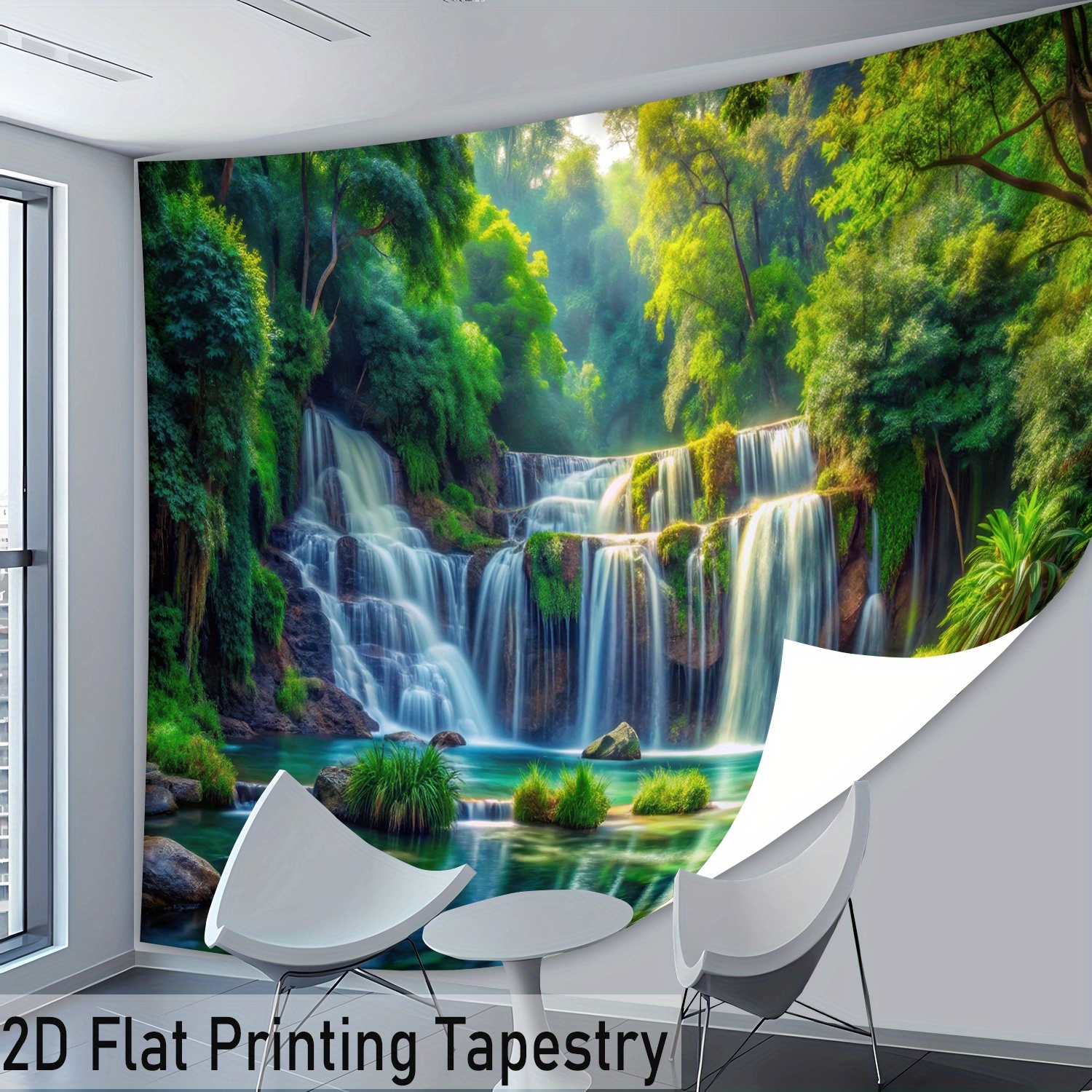 E-shop 2D Flat - [2D Flat Druck] 1 Stück - Ultra Große Größe - Friedlicher Grüner Wald Wasserfall HD Digitaldruck Riesiges Wandteppich - Polyester -