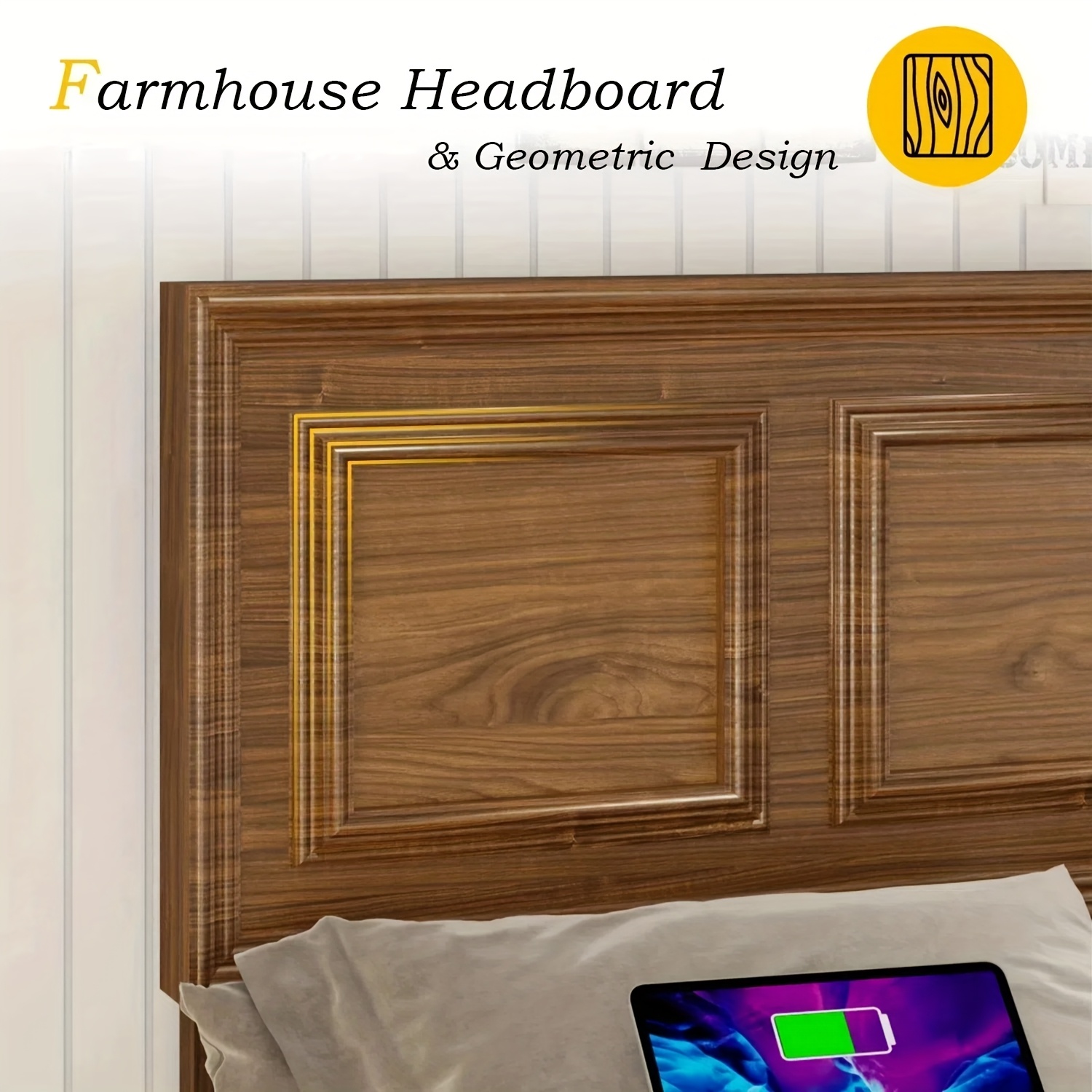 Brown and White Farmhouse Style Platform Bed Frame with Height Adjustable Headboard