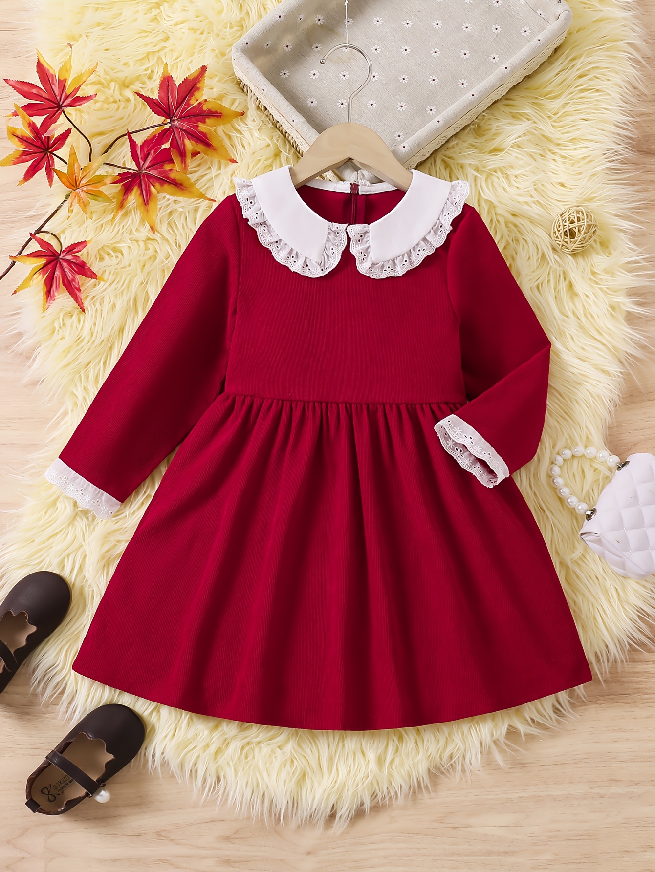 Girls' Long-Sleeve Lace Collar Corduroy Elegant * Casual Dress