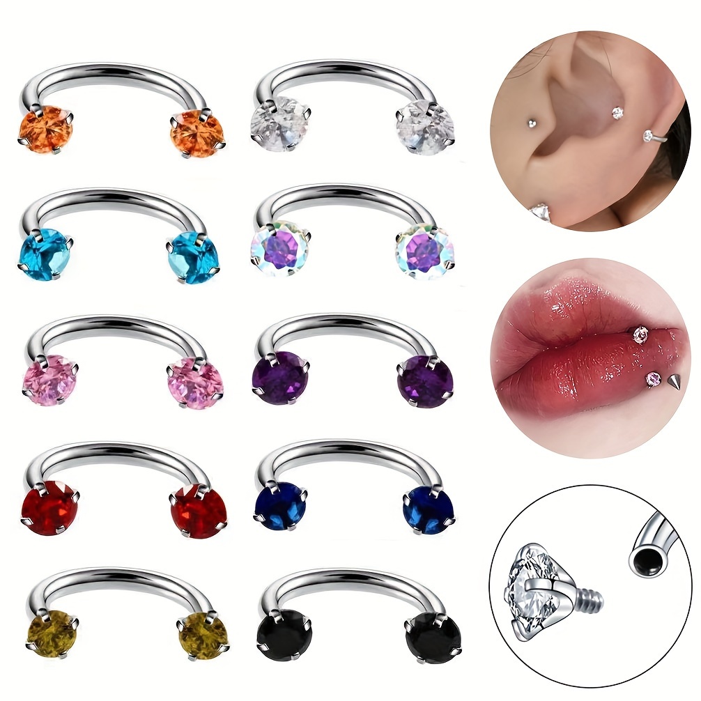 

10pcs Set Of Stainless Steel Nose & Lip Rings For Women - Punk Style With Cubic Zirconia, Casual Attire & Parties, Round, U/c Type, Piercing Accessories