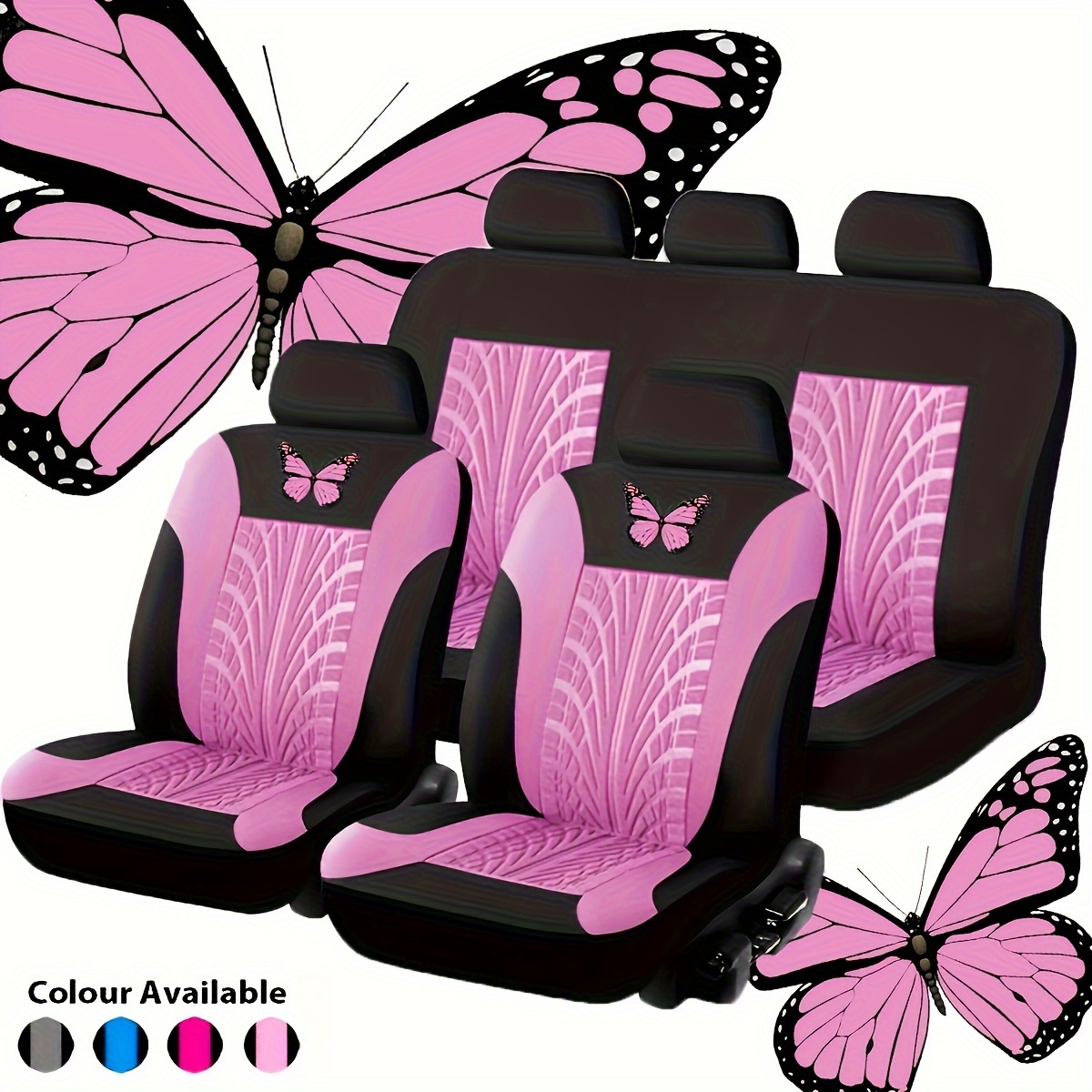 

Pink Butterfly Press Machine Seat Cover With Car Seat Cover Hot Stamping Process, 5-seater Full Car Set Of 9 Pieces