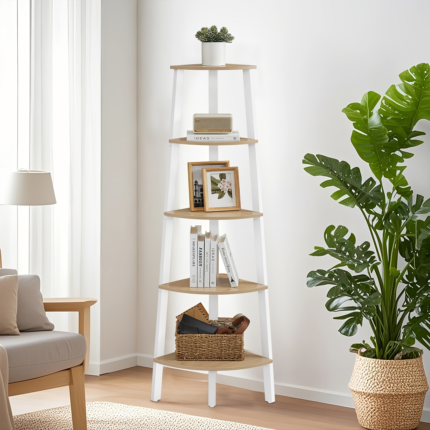 TEMU 4-tier Modern Corner Shelf With Trapezoidal - Freestanding Wood Bookcase & Plant Stand Suitable For Living Room, Office, Kitchen - Space-saving