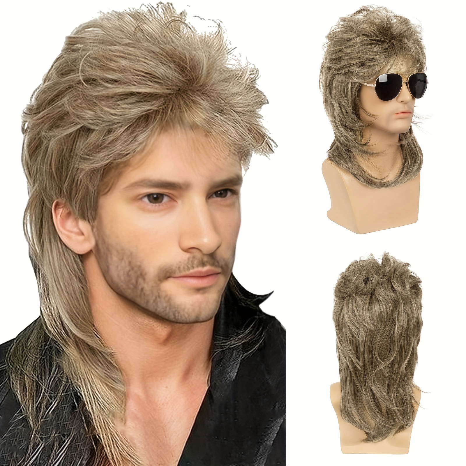 

1980s Mullet Wig For Men - Heat Resistant Synthetic Fiber, Coily Texture, Closed Network Cap, Punk Rocker Disco Costume Wig For Themed Parties And Halloween