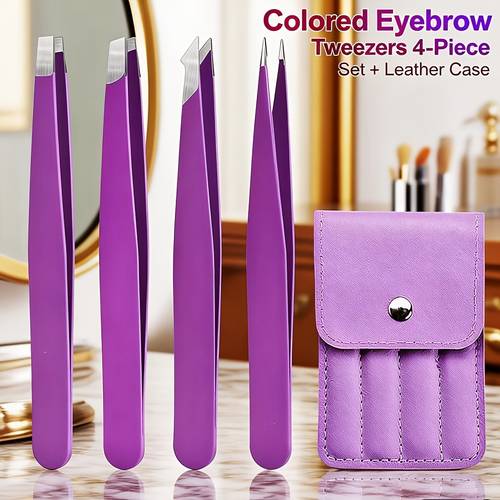 portable 4pcs stainless steel purple tweezer set for eyebrow shaping hair and beard plucking and multi purpose use