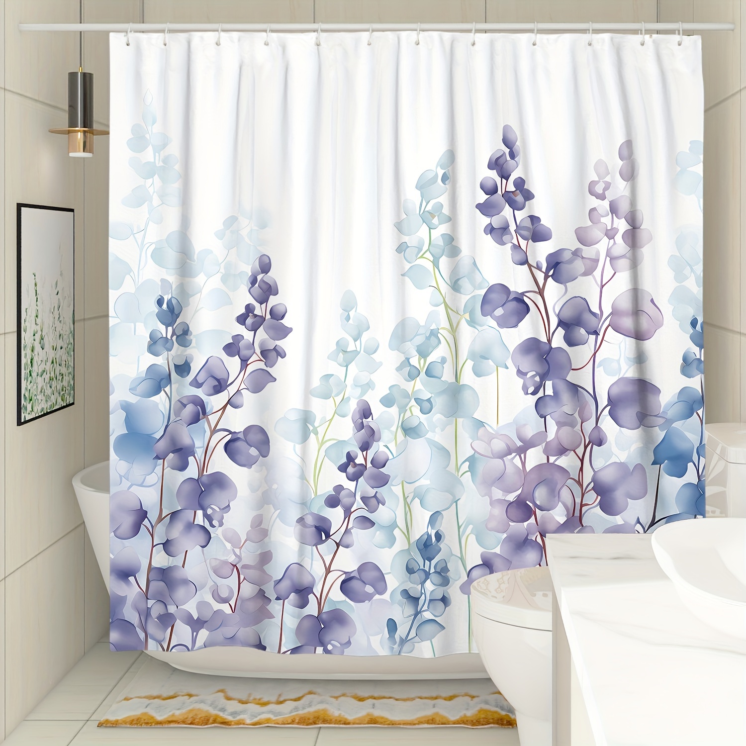 

1pc Purple Blue Plant Printed, Waterproof With Hooks, Partition Curtain For Spring Bathroom Bathtub Decoration, Bathroom Accessories