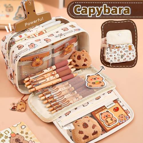 53pcs capybara themed supply bundle with random capybara dolls stickers accessories capybara pen case with multi compartments zipper pockets for back to school essentials christmas