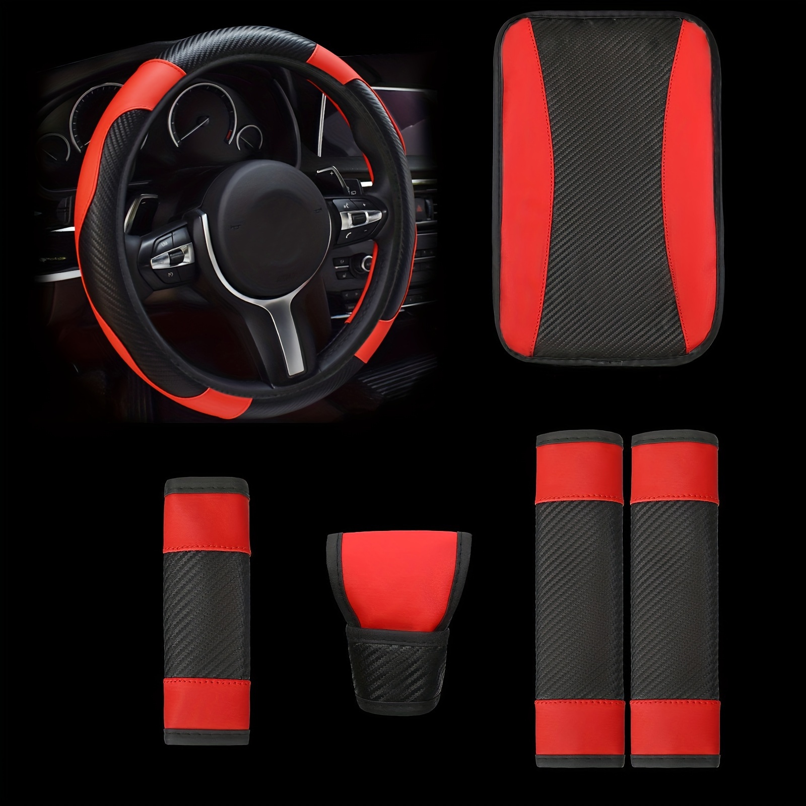 TEMU 1 Set Of Pu Leather Car Interior, 6pcs Set Of Universal Decoration, Including Steering Wheel Cover, Pu Leather Cover, Shoulder Protector, Armrest Box Pad