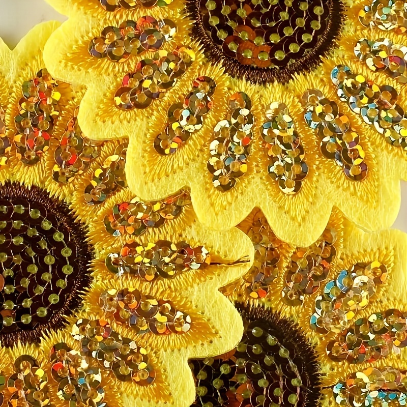 

5pcs, Vibrant Yellow Sunflower Sequin Iron-on Patches, Polyester Embroidery Appliques For Customizing Jeans, Hats, And Backpacks, Diy Bead Jewelry, Wallet Craft Supplies