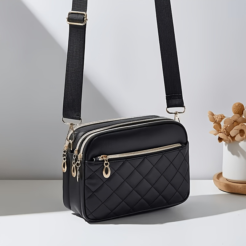 TEMU New Diamond Embossed Crossbody Bag Women Adjustable Wide Webbing Shoulder Bag Fashion Soft Camera Pouch Lightweight Layered Storage Phone Keys
