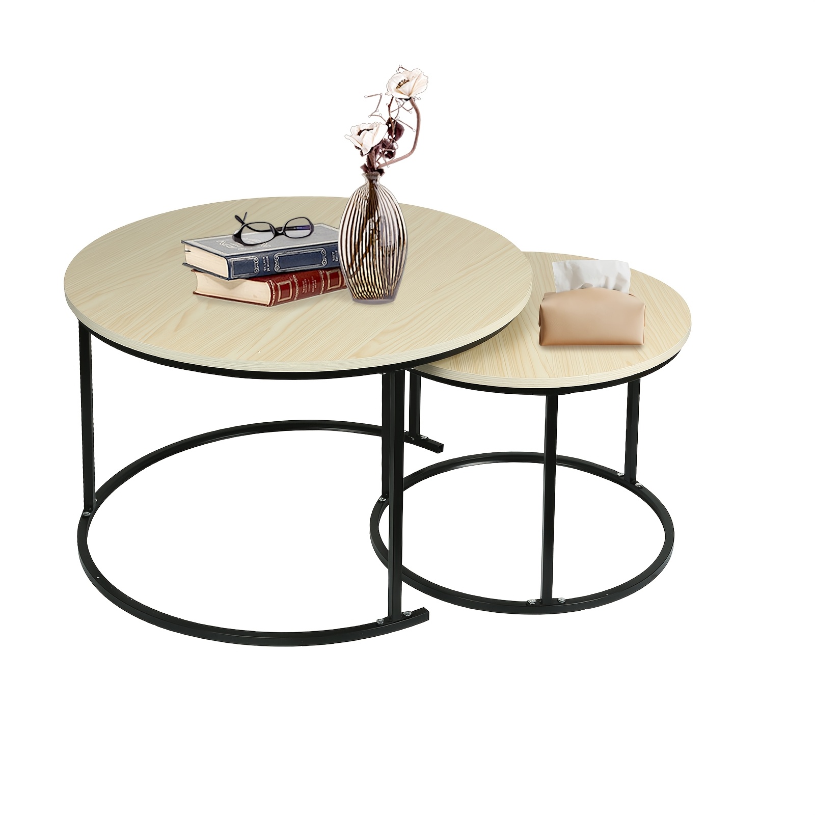 Set Of 2 Nesting Coffee Tables With Round Wooden Grain Top, (60cm X 40cm), Non-slip Surface, Industrial-style Side Tables Suitable For Living Rooms, Bedrooms, , Office, And Patios