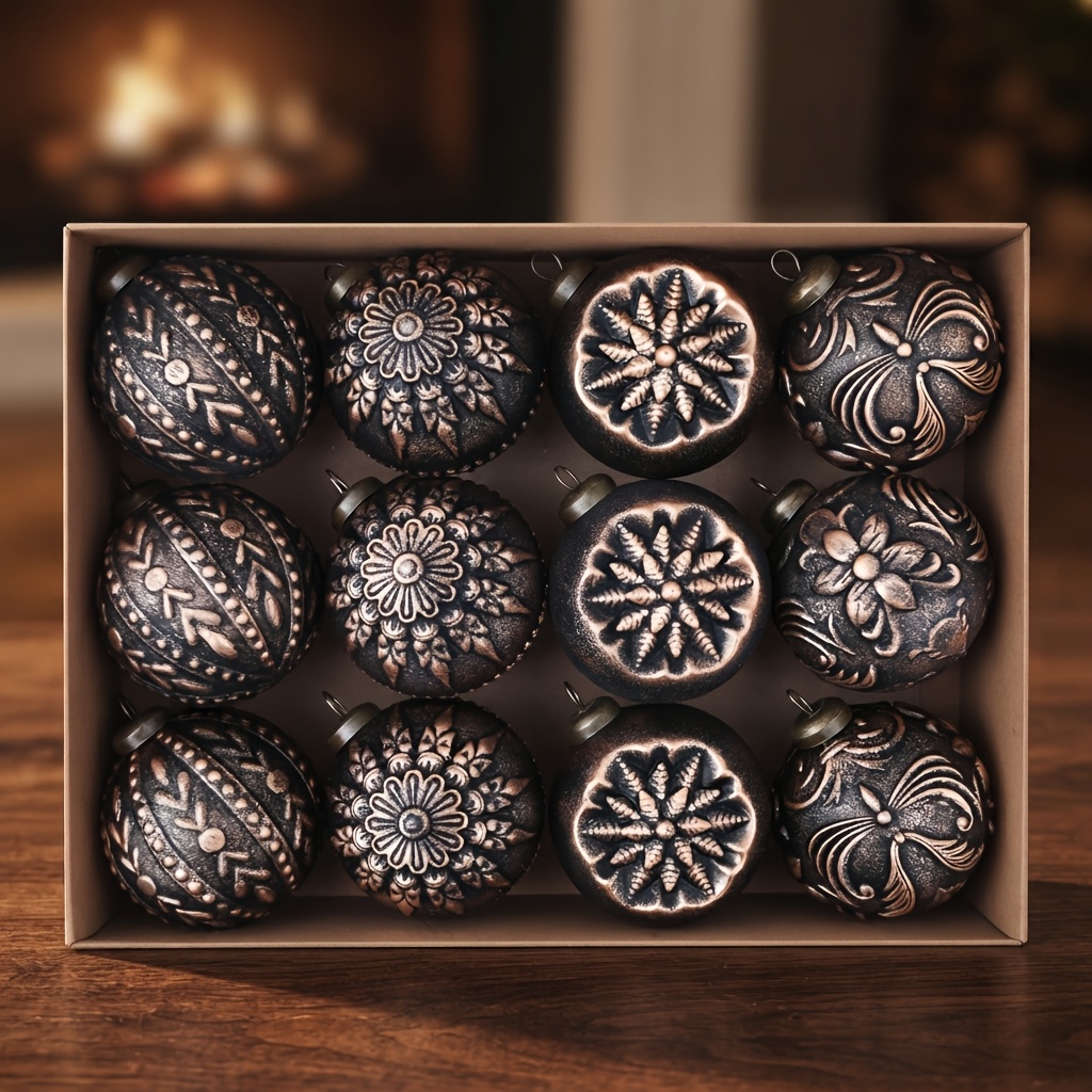 TEMU 1 Boîte de 12 pièces, Ornements de Noël en relief 3D vintage de 8 cm, avec rouleau baroque et décorations de sapin de Noël à de neige sculptés,