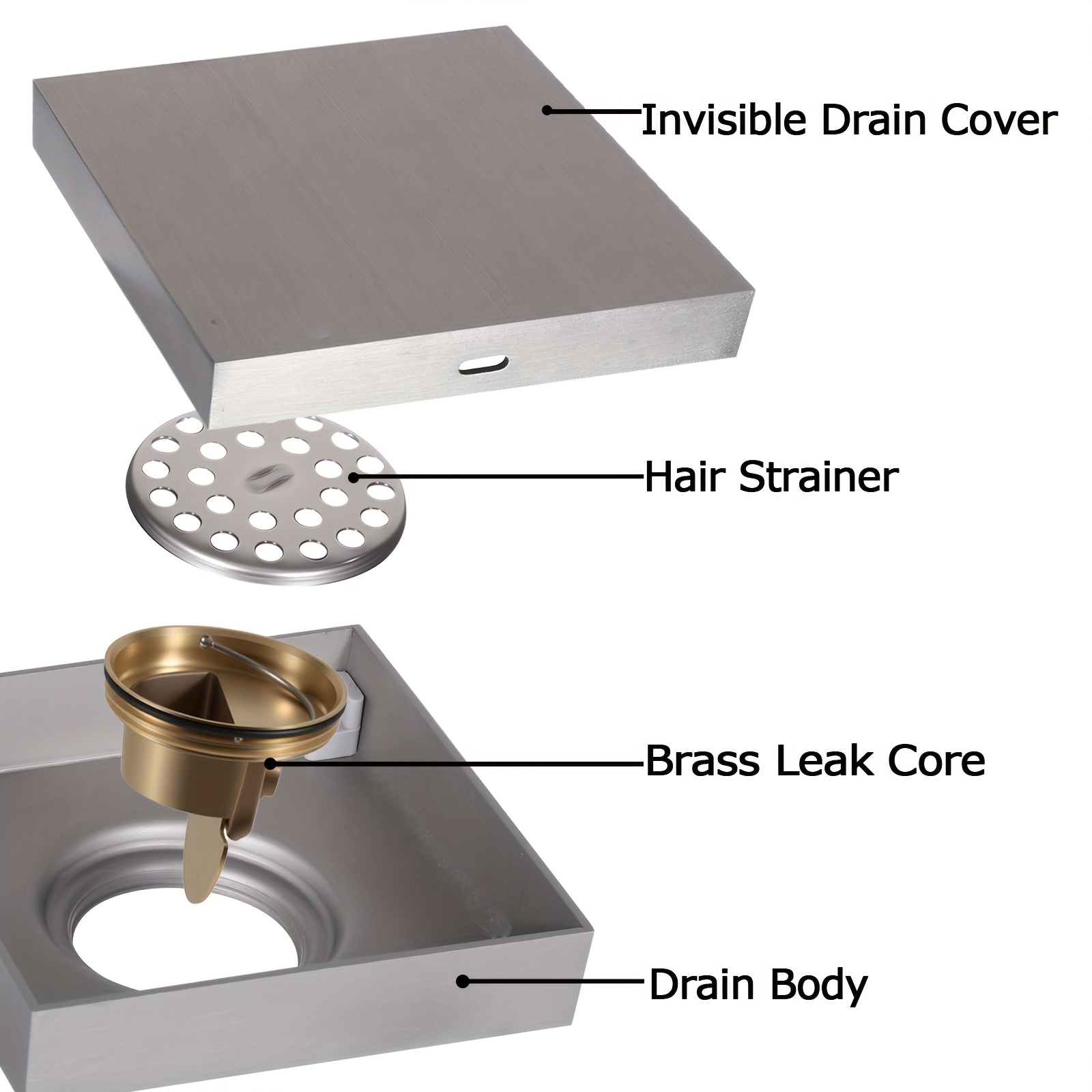 10.16cm Solid Stainless Steel Square Shower Floor Drain with Tile Insert Grille & Removable Cover - Heavy-Duty Odor-Resistant, Anti-Clog Design, Easy Installation for Bathroom, Kitchen Sink Drains - Modern Home Plumbing Fixture, Shower Drain Cover