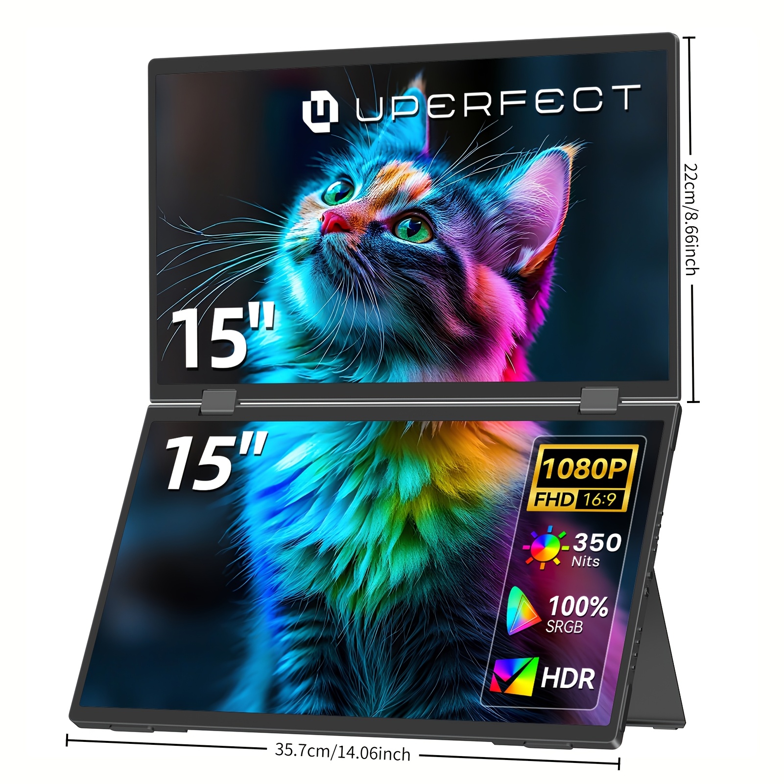 Image of Uperfect 15-inch Dual Portable Monitor For Laptop Screen Extension 1080p Hdr 180° Folding Stacked Triple Monitor With Stand & Vesa For Laptop Pc Phone Game Console (no Driver Needed)