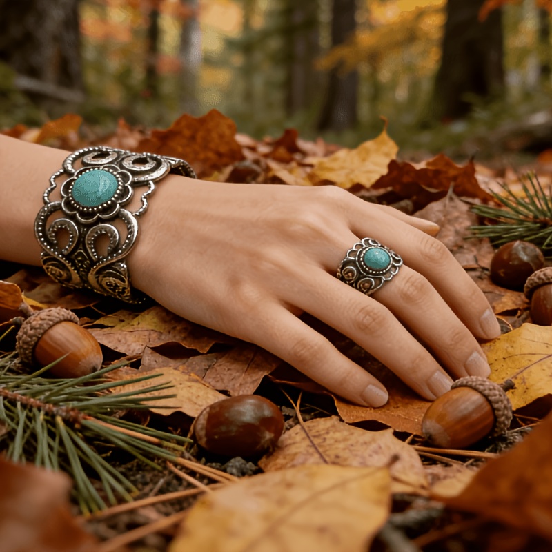 TEMU Parure Bracelet et Bague Turquoise, Bracelet Large Effet Usé, Accessoire Indispensable de Style Bohème