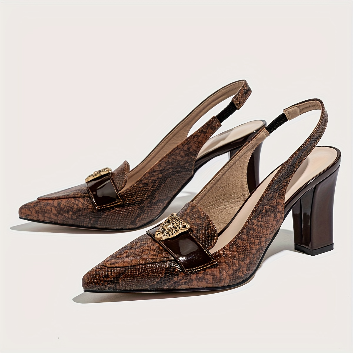Women's Pointed Toe Thick Heel Sandals with Metal Leopard Head Embellishment