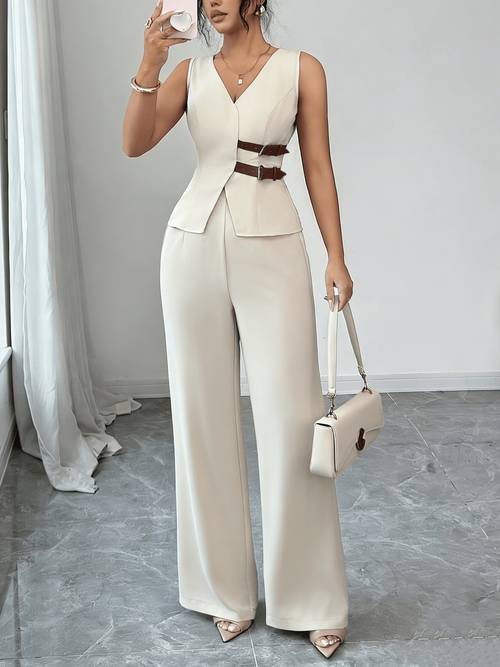 womens 2pcs elegant sleeveless decorated vest and pants suit business style suitable for spring summer teacher outfit office wear back to date vacation commuting etc elegant retro spring suit