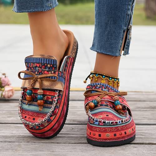 womens casual versatile mules suitable for shopping and walking designed with loose and comfortable bohemian ethnic style decorated with bows and beaded embellishments with hand sewn toe wrapping technique