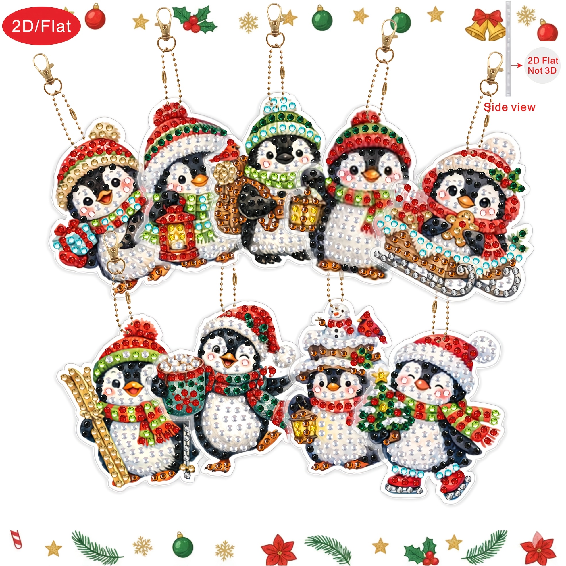 TEMU 2d/flat 9pcs Penguin-themed Diamond Painting For Art Craft, Suitable For Adults 5d Double-sided Diamond For Artwork, Creative Christmas Party