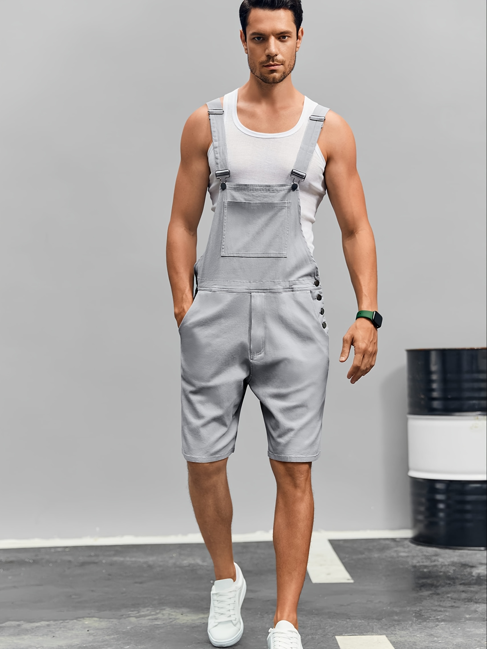 mens lightweight denim bib overall shorts romper loose fit Temu